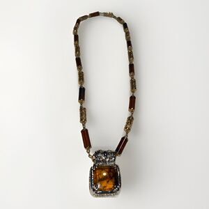 Vintage Sarah Coventry Golden Lantern Necklace 27" w/ Amber Style Silver Pendant